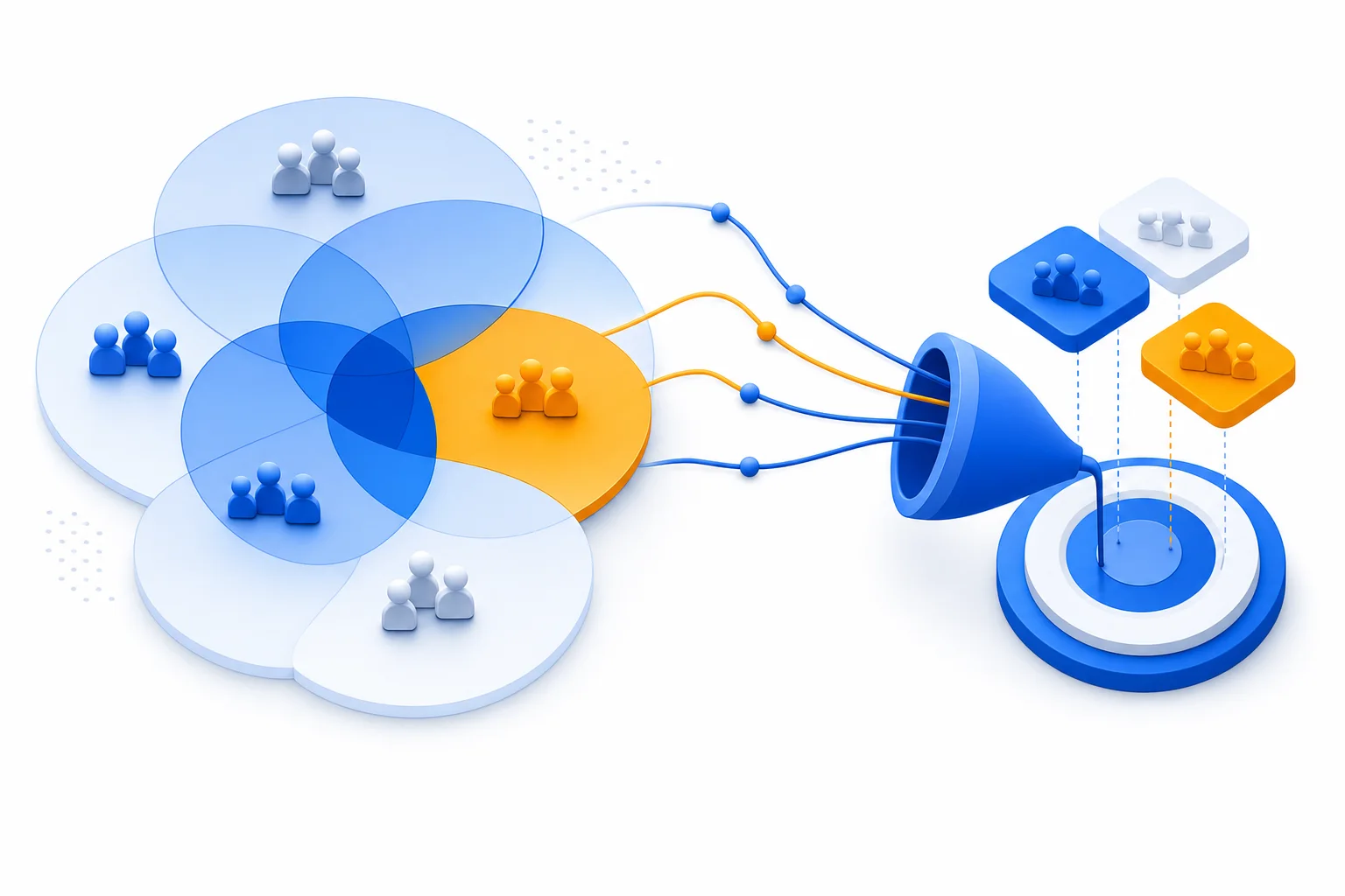 Audience segments connecting into a targeting funnel
