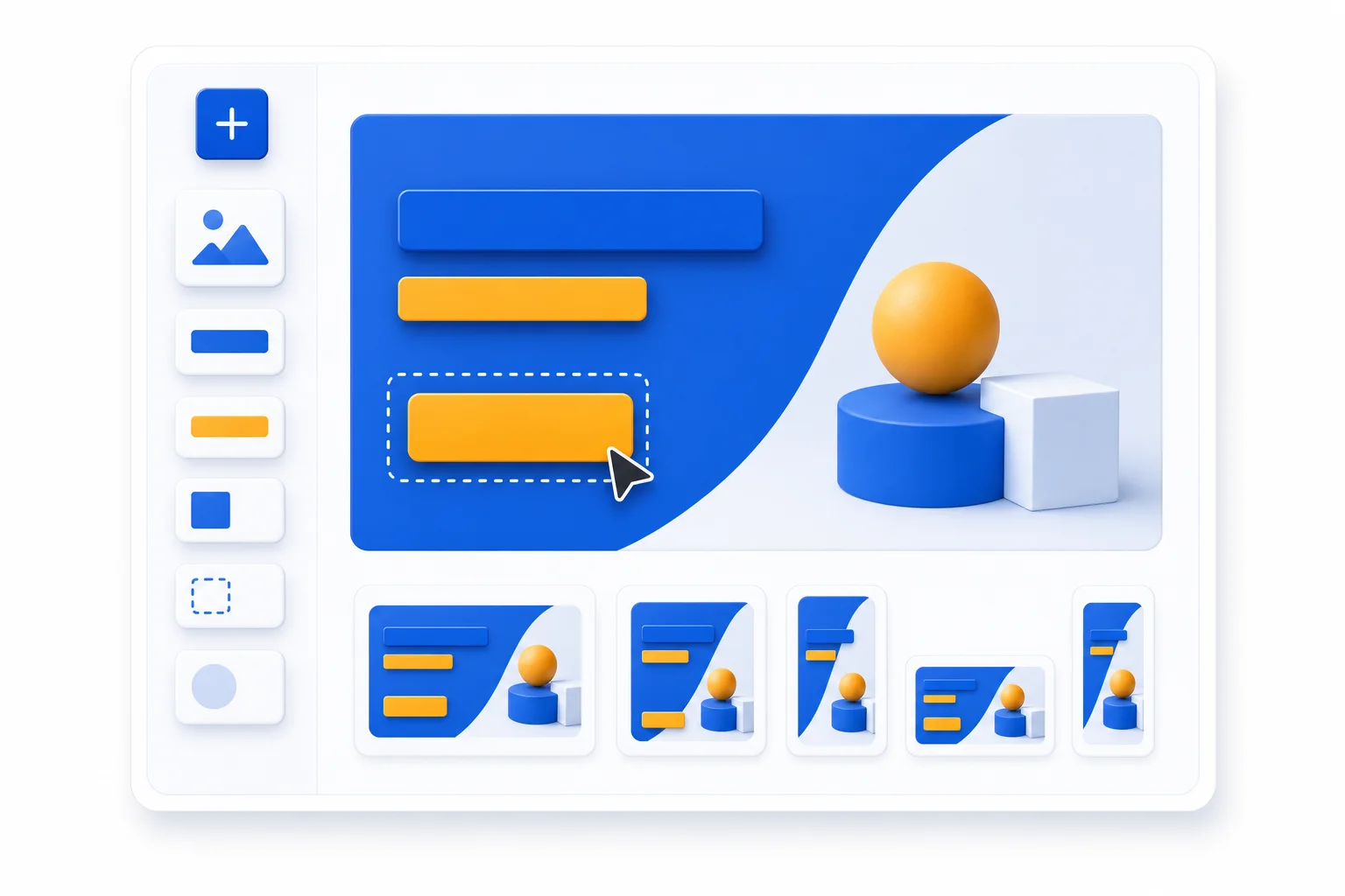 Abstract illustration of a drag-and-drop display ad creative builder with resized banner previews