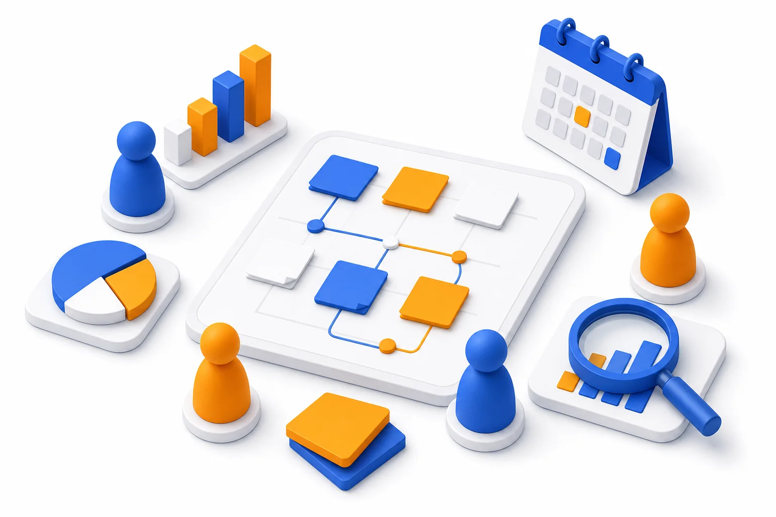 Isometric illustration of a media-buying strategy workspace